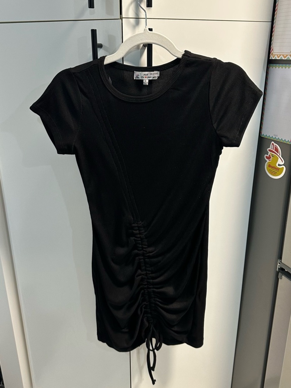 Poof! Black Ribbed Short Sleeve Dress with Front Drawstring